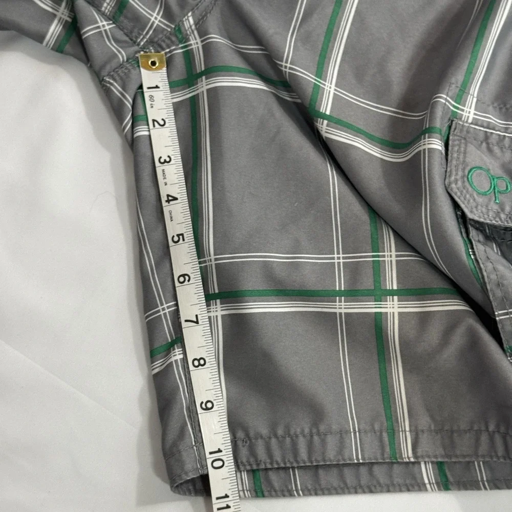 OP Ocean Pacific Board Shorts Men M 32/34 Grey/Green Windowpane Cargo Swim‎ READ